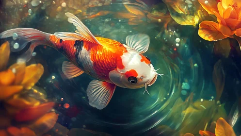 Koi fish glides through swirling teal pond light.