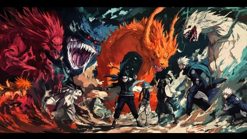Dynamic ninja line-up framed by elemental tailed beasts.