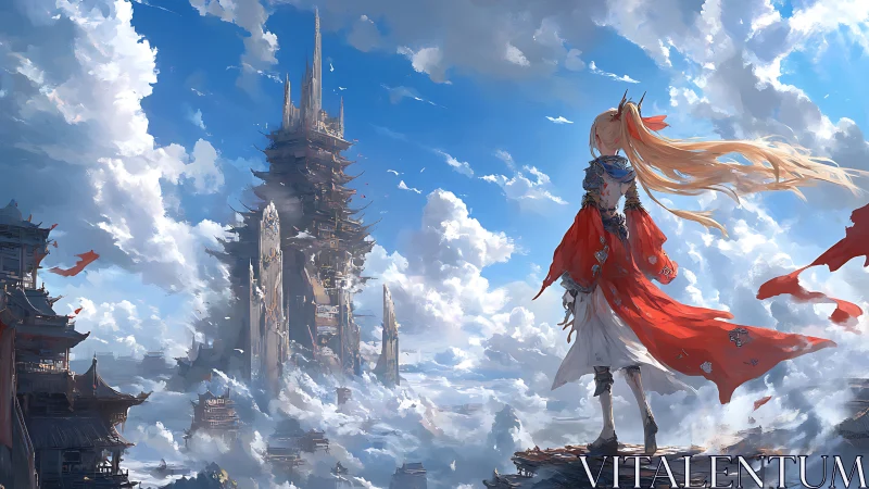 Skyward wanderer gazing over drifting cloud kingdoms.