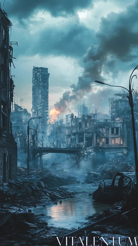 Ruined city skyline smolders beneath a brooding stormy sky.
