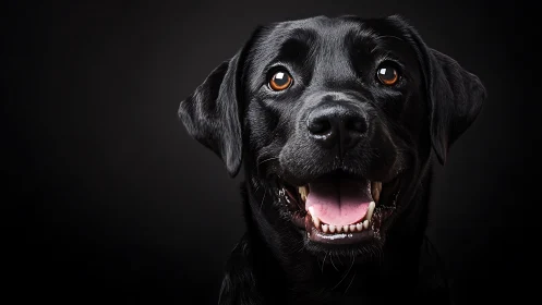 Close-up studio portrait of black Labrador retriever dog.