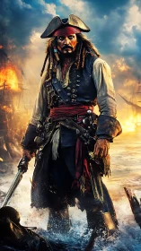 Pirate captain stands armed on burning seascape battlefield