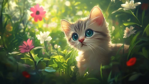 Illuminated Felid Portrait: Luminous Kitten Subject with Radiant Backlighting in Floral Environment
