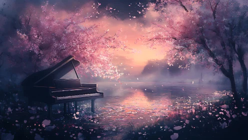 Grand piano under cherry blossoms beside reflective dusk lake