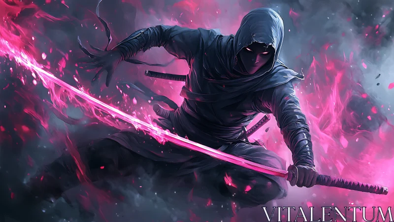 Mystic hooded warrior leaping through glowing pink flames.