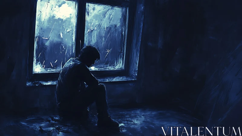 Solitary figure seated by window in dark interior space.