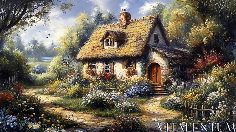 Sunlit cottage nestles into a wild, storybook flower garden