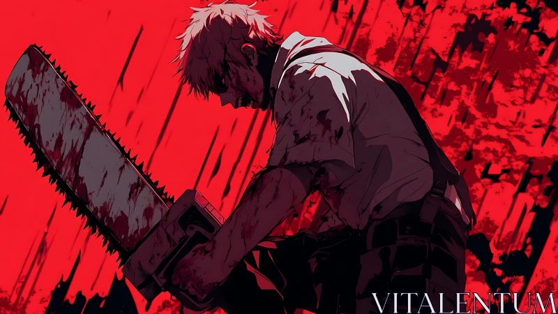 Blood-soaked anime figure wields chainsaw against abstract red field