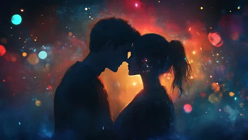 Silhouetted Couple Kissing Against Luminous Bokeh Cityscape.