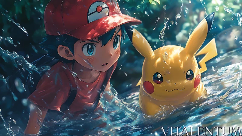 River-sparked partners wade forward through glittering spray