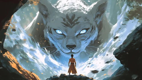 Warrior confronts massive spectral wolf with glowing blue eyes in mountain canyon.