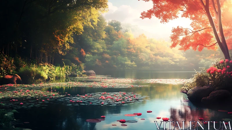 Sunlit autumn pond reflects tranquil forest serenity