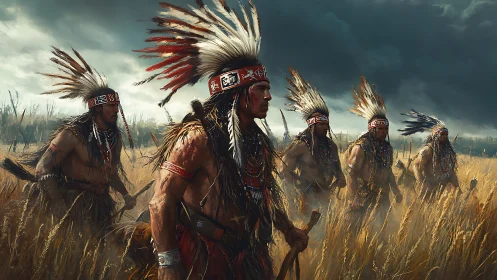 Group of Plains warriors moving through tall grassland field.
