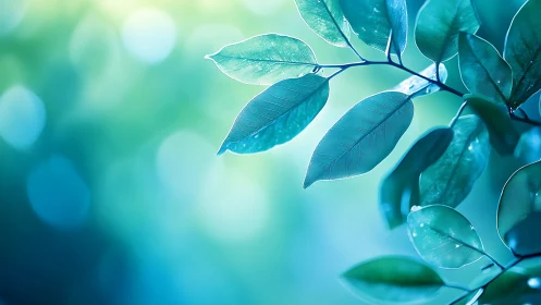 Close-up of Green Leaves with Soft Blue Background, Nature Art.
