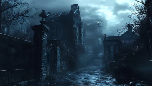 Moonlit abandoned street shows decayed mansions and foggy path