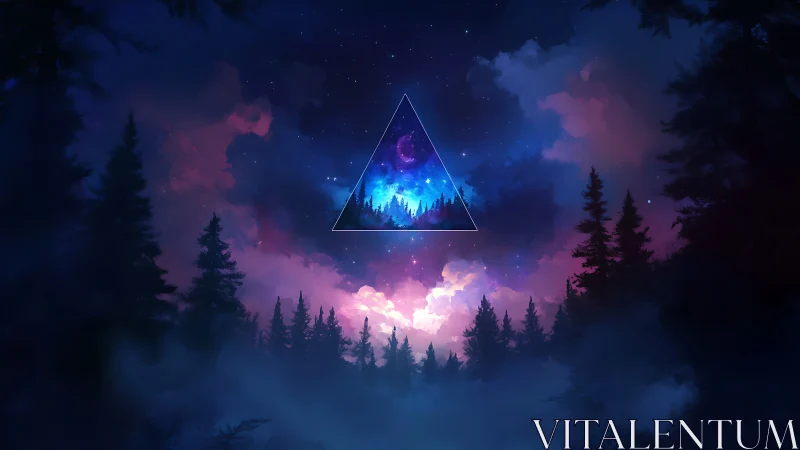 Triangular portal above silhouetted forest under night sky.