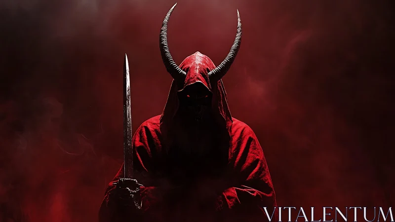 Hooded horned demon wielding sword in cinematic red haze