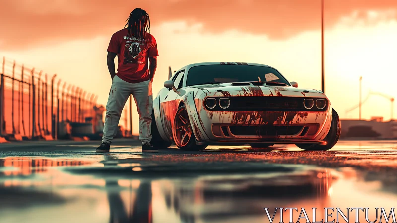 Sunset street racer stands proud beside a battle-scarred car