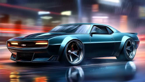 Retro muscle car accelerates through neon-lit rainy city street