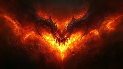 Flame-defined demonic dragon head emerges from dark void