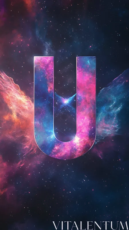 Galactic letter U glows amid vibrant cosmic nebulae.