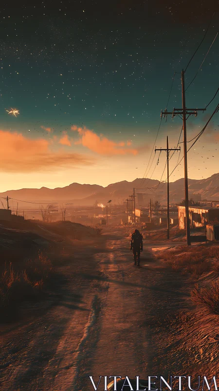 Lone wanderer strolling a dusty road under glowing twilight skies.