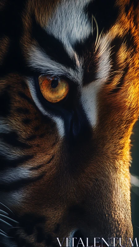 Close-up study of tiger eye and facial stripe detail.