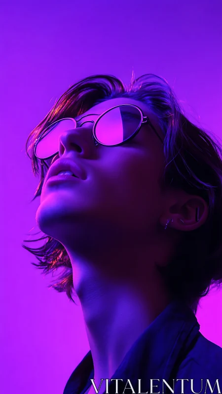 Neon daydream portrait in soft purple and pink glow.