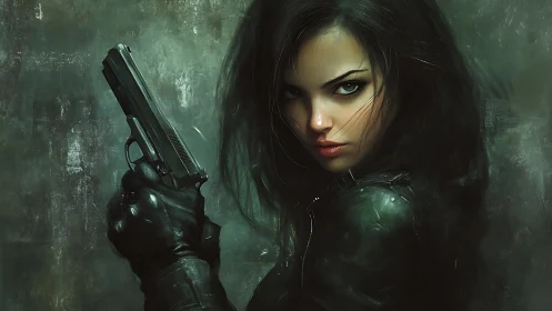 Deadly vigilante holds pistol in moody digital portrait.