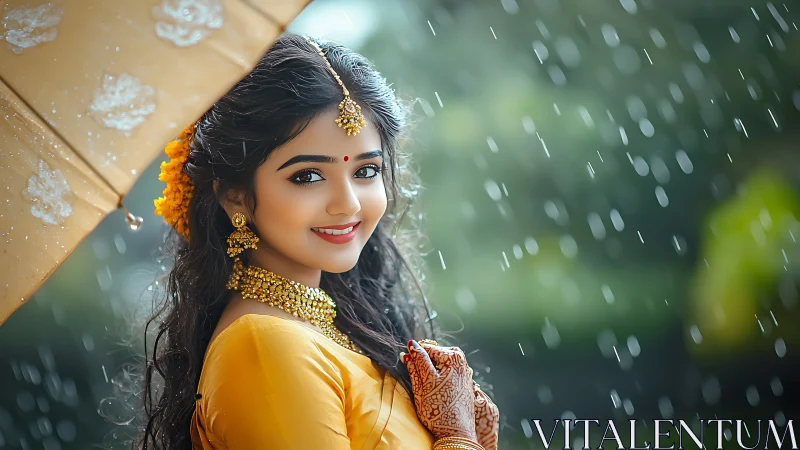 Monsoon portrait with bokeh-isolated South Asian adornment.