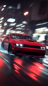 Red muscle car slices through rainy neon city streets at night