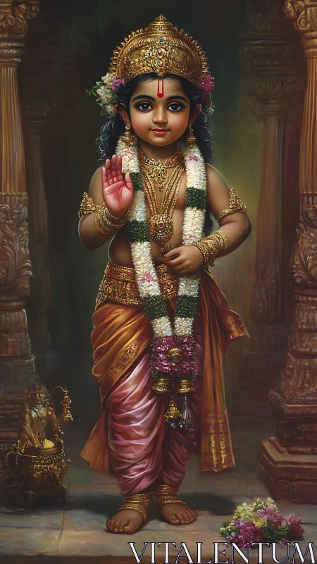Radiant child deity in temple gold, wrapped in marigold grace.