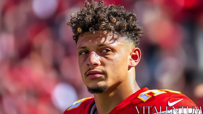 Intense football player portrait in bright stadium light.