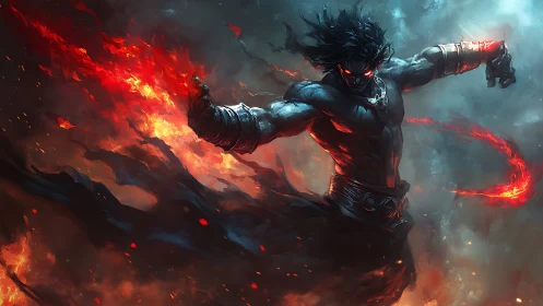Fire wielding dark warrior in swirling inferno storm.