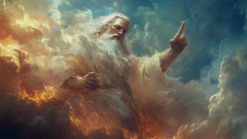 Celestial elder commanding turbulent volumetric stormclouds.