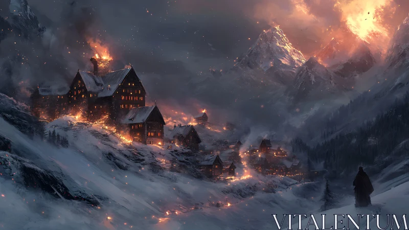 Mountain Village Ablaze Under Ominous Skies.