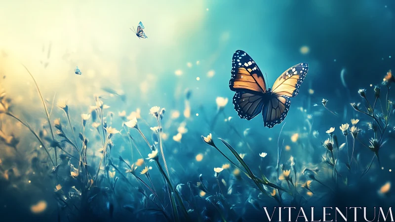 Monarch butterfly glows above dreamy blue wildflower field.