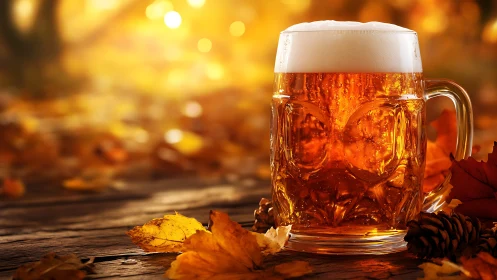Craft beer mug on rustic autumn table with warm light.