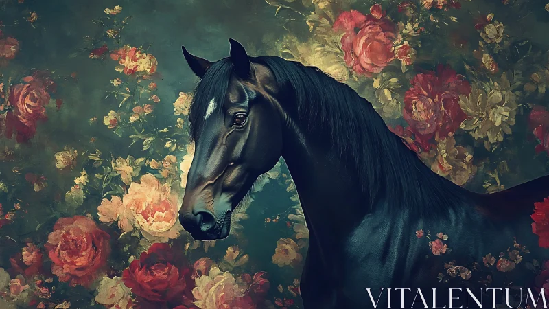 Dark horse stands poised against lush vintage floral backdrop