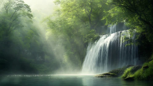 Sunlit forest waterfall pours into a tranquil emerald pool