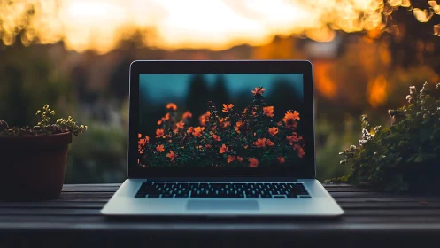 Laptop garden portal glowing in soft sunset bokeh haze.