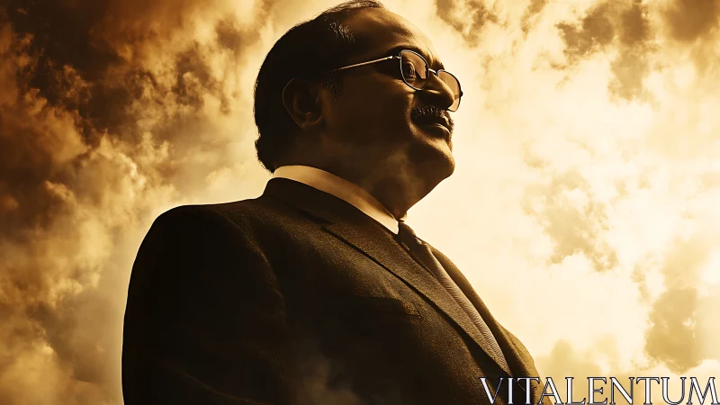 Dramatic low-angle portrait of suited man against golden clouds