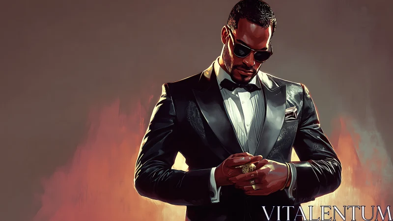 Tuxedoed figure in reflective lighting with cinematic contrast.