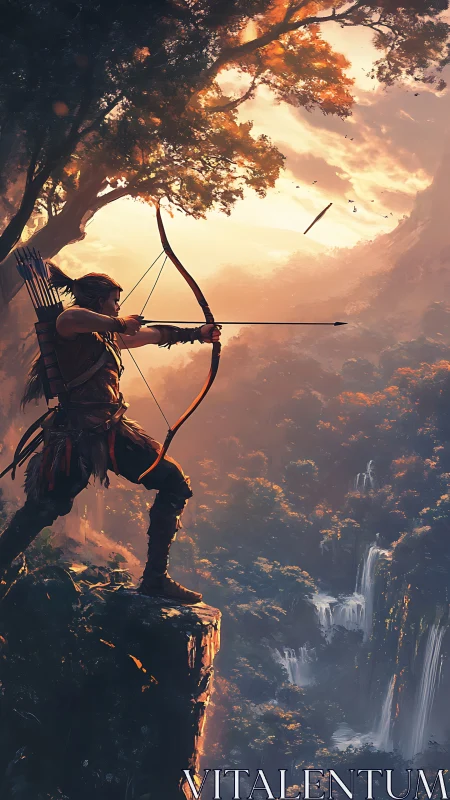 Archer poised on cliff edge over deep forested canyon.