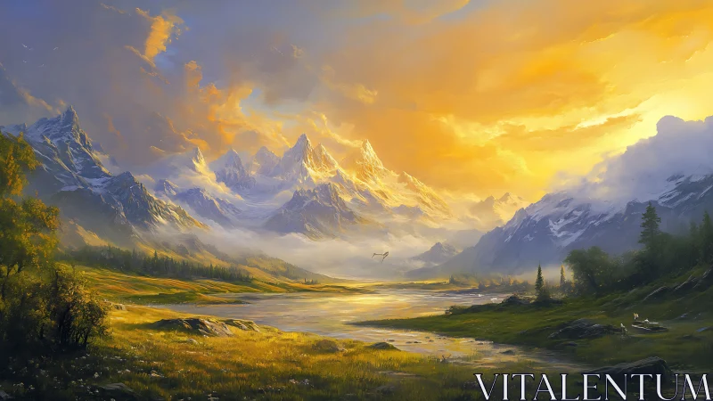 Sunlit alpine valley with glowing snowcapped peaks