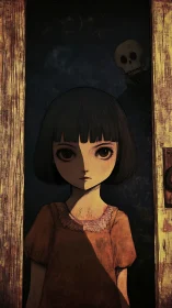 Haunted doorway frames a solemn girl and lurking skeleton