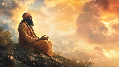 Mystic sage meditating on sunlit cliff under glowing sky.