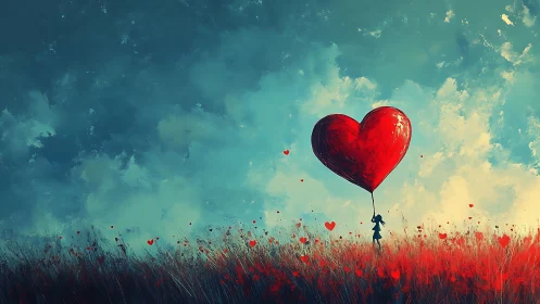 Figure holding large red balloon against cloud sky