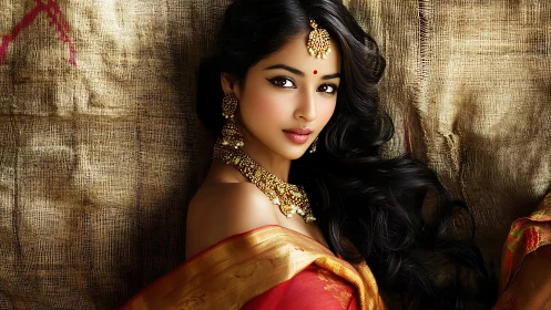 Elegant woman in traditional sari glows against rustic fabric