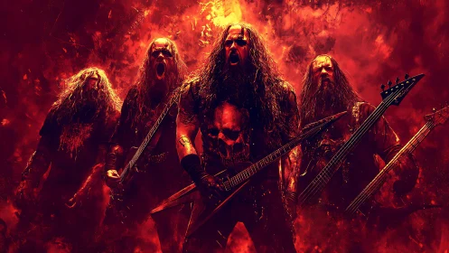 Fiery metal band unleashing raw power in glowing red haze.